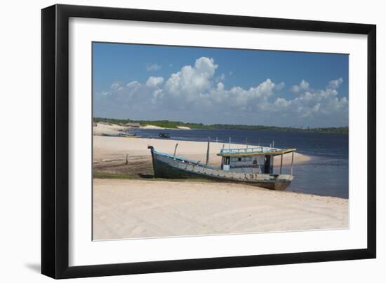 A Boat Sits on Rio Preguicas River Bank Near Lencois Maranhenses National Park-Alex Saberi-Framed Photographic Print