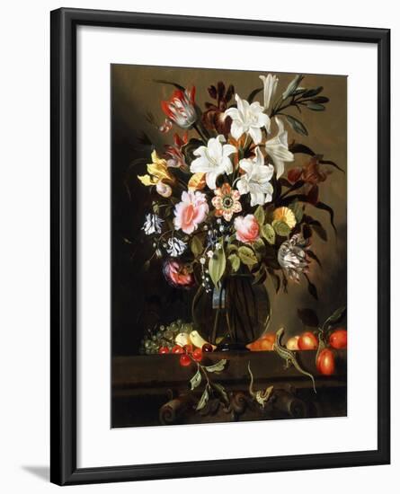 A Bouquet of Flowers with Fruit and Two Sand Lizards on a Stone Ledge, 1647-Jacob Marrel-Framed Giclee Print