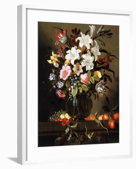 A Bouquet of Flowers with Fruit and Two Sand Lizards on a Stone Ledge, 1647-Jacob Marrel-Framed Giclee Print