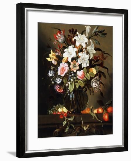 A Bouquet of Flowers with Fruit and Two Sand Lizards on a Stone Ledge, 1647-Jacob Marrel-Framed Giclee Print