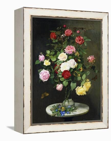 A Bouquet of Roses in a Glass Vase by Wild Flowers on a Marble Table, 1882-Otto Didrik Ottesen-Framed Premier Image Canvas