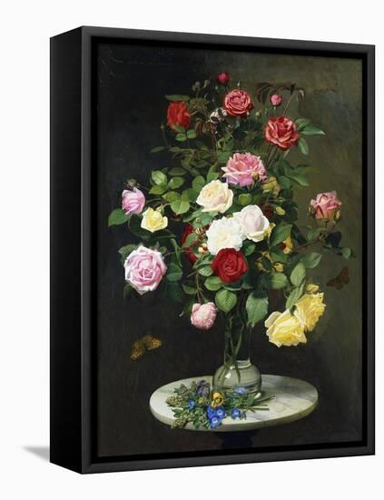 A Bouquet of Roses in a Glass Vase by Wild Flowers on a Marble Table, 1882-Otto Didrik Ottesen-Framed Premier Image Canvas
