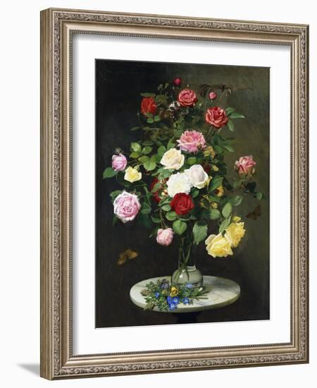 A Bouquet of Roses in a Glass Vase by Wild Flowers on a Marble Table, 1882-Otto Didrik Ottesen-Framed Giclee Print