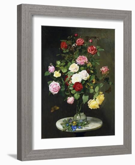 A Bouquet of Roses in a Glass Vase by Wild Flowers on a Marble Table, 1882-Otto Didrik Ottesen-Framed Giclee Print