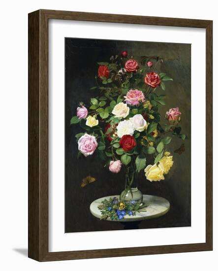 A Bouquet of Roses in a Glass Vase by Wild Flowers on a Marble Table, 1882-Otto Didrik Ottesen-Framed Giclee Print