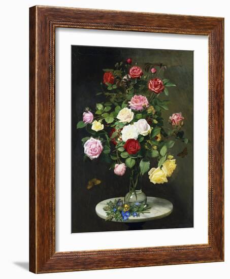 A Bouquet of Roses in a Glass Vase by Wild Flowers on a Marble Table, 1882-Otto Didrik Ottesen-Framed Giclee Print