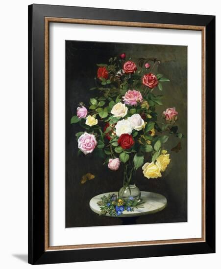 A Bouquet of Roses in a Glass Vase by Wild Flowers on a Marble Table, 1882-Otto Didrik Ottesen-Framed Giclee Print