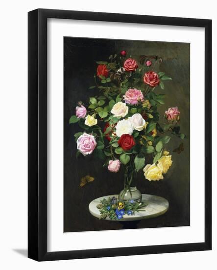 A Bouquet of Roses in a Glass Vase by Wild Flowers on a Marble Table, 1882-Otto Didrik Ottesen-Framed Giclee Print