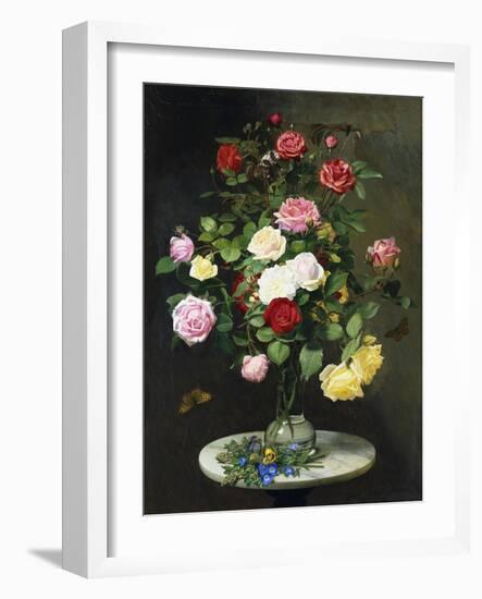 A Bouquet of Roses in a Glass Vase by Wild Flowers on a Marble Table, 1882-Otto Didrik Ottesen-Framed Giclee Print