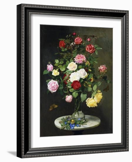 A Bouquet of Roses in a Glass Vase by Wild Flowers on a Marble Table, 1882-Otto Didrik Ottesen-Framed Giclee Print