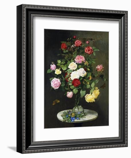 A Bouquet of Roses in a Glass Vase by Wild Flowers on a Marble Table, 1882-Otto Didrik Ottesen-Framed Giclee Print