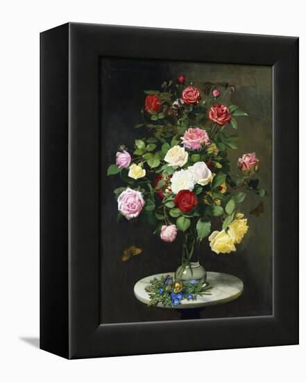 A Bouquet of Roses in a Glass Vase by Wild Flowers on a Marble Table-Otto Didrik Ottesen-Framed Premier Image Canvas