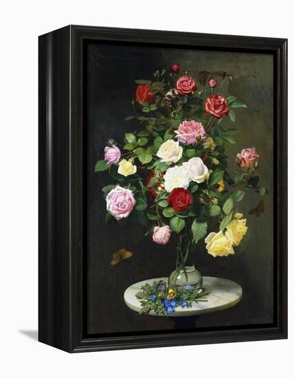 A Bouquet of Roses in a Glass Vase by Wild Flowers on a Marble Table-Otto Didrik Ottesen-Framed Premier Image Canvas