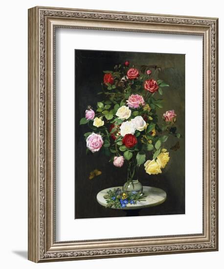 A Bouquet of Roses in a Glass Vase by Wild Flowers on a Marble Table-Otto Didrik Ottesen-Framed Giclee Print