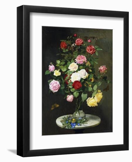 A Bouquet of Roses in a Glass Vase by Wild Flowers on a Marble Table-Otto Didrik Ottesen-Framed Giclee Print