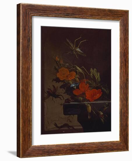 A Bouquet of Roses,  Morning Glory and Hazelnuts on a Ledge, with Grasshoppers, a Stag Beetle and…-Elias Van Den Broeck-Framed Giclee Print