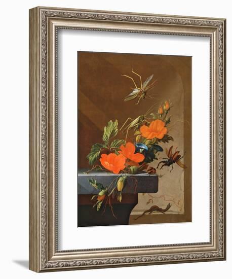 A Bouquet of Roses, Morning Glory and Hazelnuts with Grasshoppers, Stag Beetle and Lizard-Elias Van Den Broeck-Framed Giclee Print