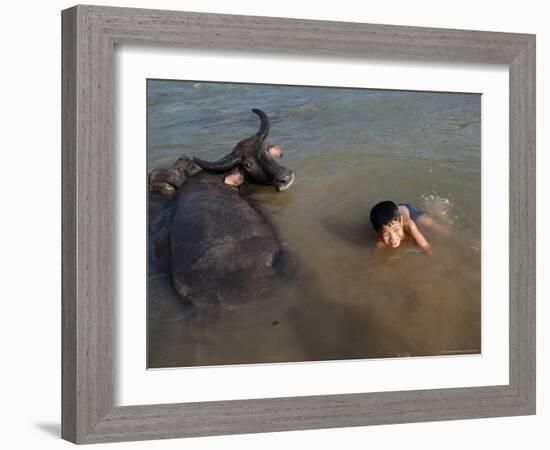 A Boy Bathes with His Water Buffalo in the Mekong River, Near Kratie, Eastern Cambodia, Indochina-Andrew Mcconnell-Framed Photographic Print