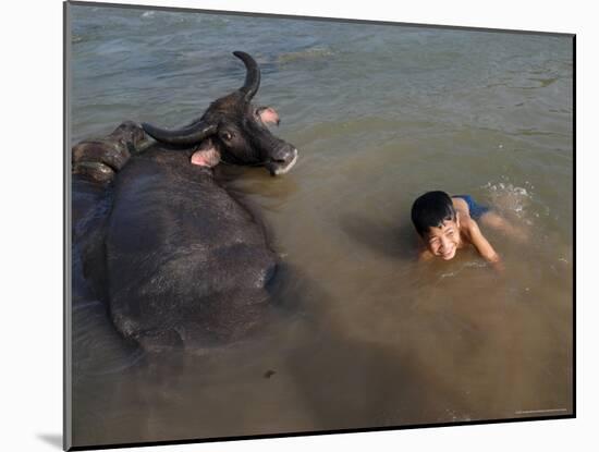 A Boy Bathes with His Water Buffalo in the Mekong River, Near Kratie, Eastern Cambodia, Indochina-Andrew Mcconnell-Mounted Photographic Print