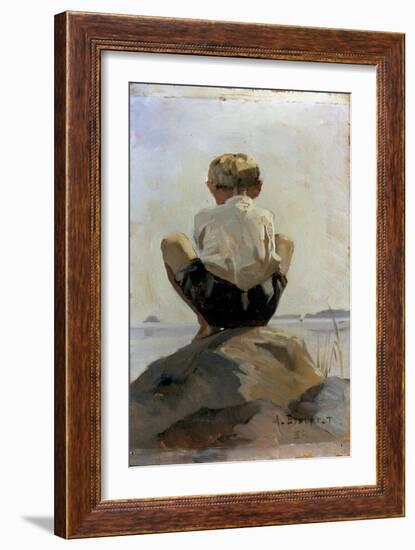 A Boy Crouching on a Rock-Albert Edelfelt-Framed Giclee Print