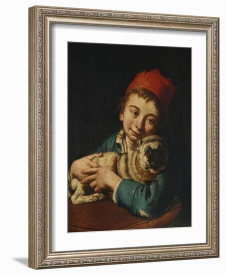 A Boy, Half Length, in a Blue Jacket and a Red Hat, Holding a Pug on a Cushion-Giacomo Ceruti-Framed Giclee Print