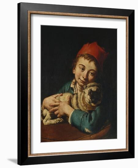 A Boy, Half Length, in a Blue Jacket and a Red Hat, Holding a Pug on a Cushion-Giacomo Ceruti-Framed Giclee Print