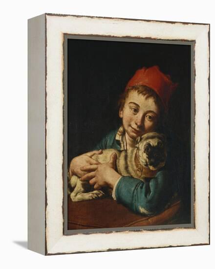 A Boy, Half Length, in a Blue Jacket and a Red Hat, Holding a Pug on a Cushion-Giacomo Ceruti-Framed Premier Image Canvas