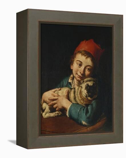 A Boy, Half Length, in a Blue Jacket and a Red Hat, Holding a Pug on a Cushion-Giacomo Ceruti-Framed Premier Image Canvas