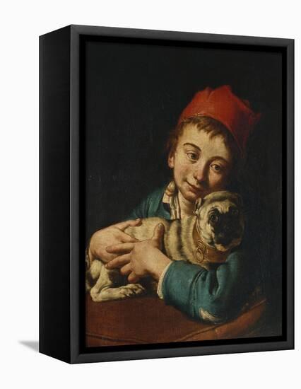 A Boy, Half Length, in a Blue Jacket and a Red Hat, Holding a Pug on a Cushion-Giacomo Ceruti-Framed Premier Image Canvas