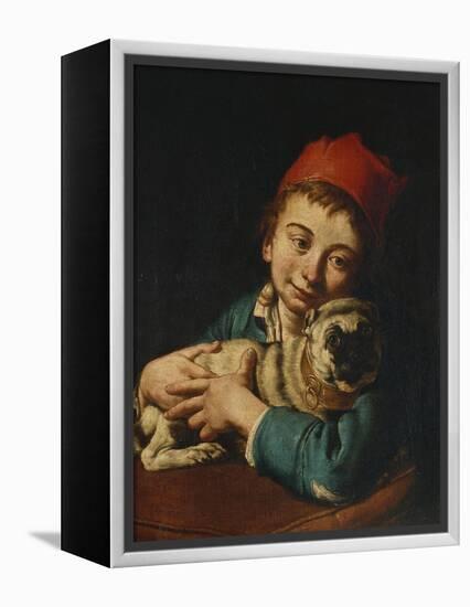 A Boy, Half Length, in a Blue Jacket and a Red Hat, Holding a Pug on a Cushion-Giacomo Ceruti-Framed Premier Image Canvas