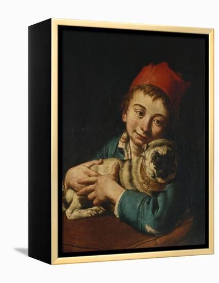 A Boy, Half Length, in a Blue Jacket and a Red Hat, Holding a Pug on a Cushion-Giacomo Ceruti-Framed Premier Image Canvas