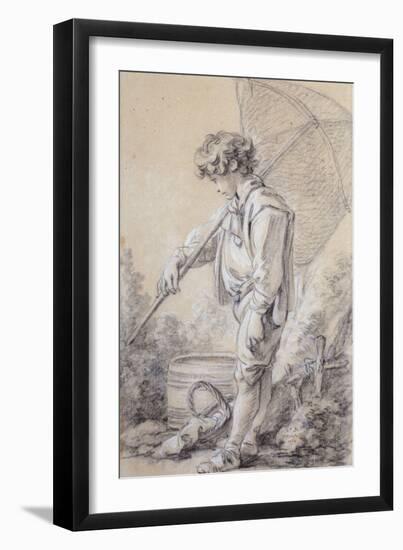 A Boy Holding a Net, 1762 black and white chalk on blue discolored paper-Francois Boucher-Framed Giclee Print