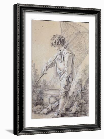 A Boy Holding a Net, 1762 black and white chalk on blue discolored paper-Francois Boucher-Framed Giclee Print