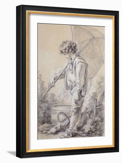 A Boy Holding a Net, 1762 black and white chalk on blue discolored paper-Francois Boucher-Framed Giclee Print