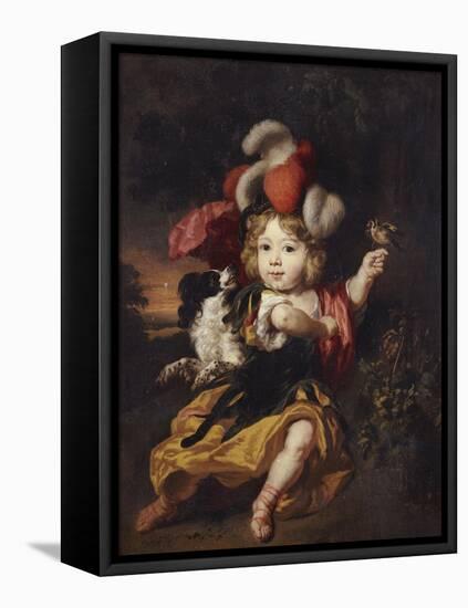 A Boy in Classical Costume Seated in a Landscape with a Finch and a Spaniel-Nicholaes Maes-Framed Premier Image Canvas