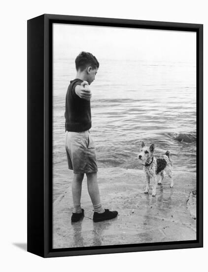 A Boy Throws Stones into the Sea for His Dog to Retrieve: the Dog Looks Up Expectantly-Henry Grant-Framed Premier Image Canvas