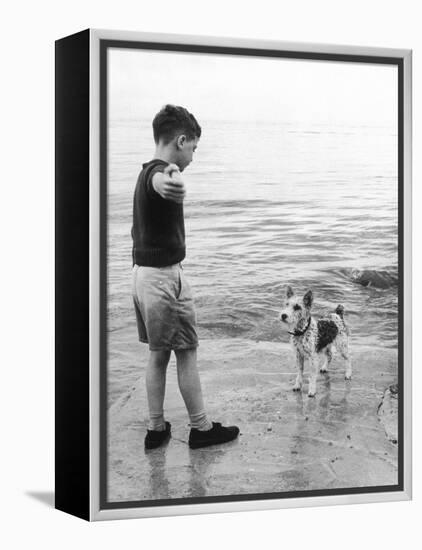 A Boy Throws Stones into the Sea for His Dog to Retrieve: the Dog Looks Up Expectantly-Henry Grant-Framed Premier Image Canvas
