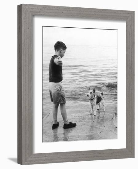 A Boy Throws Stones into the Sea for His Dog to Retrieve: the Dog Looks Up Expectantly-Henry Grant-Framed Photographic Print