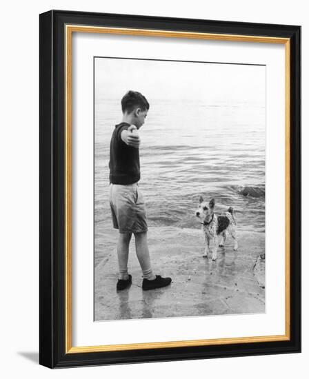 A Boy Throws Stones into the Sea for His Dog to Retrieve: the Dog Looks Up Expectantly-Henry Grant-Framed Photographic Print