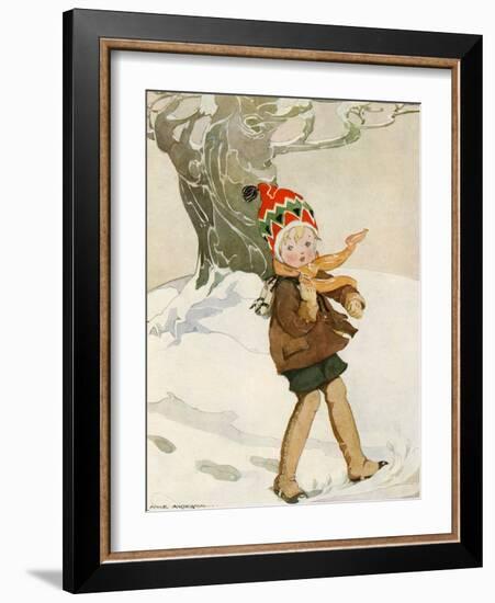 A Boy Walks Through the Snow Carrying Ice Skates-Anne Anderson-Framed Art Print