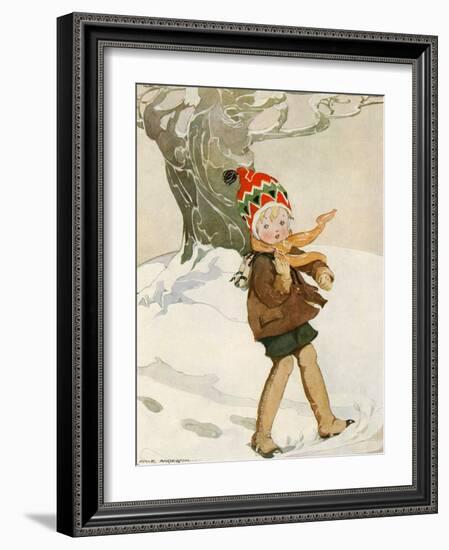 A Boy Walks Through the Snow Carrying Ice Skates-Anne Anderson-Framed Art Print