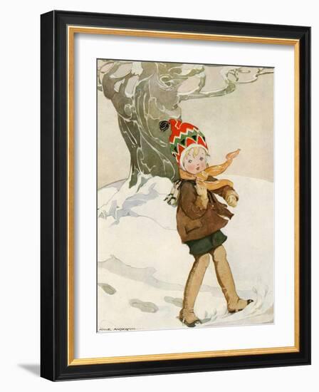 A Boy Walks Through the Snow Carrying Ice Skates-Anne Anderson-Framed Art Print