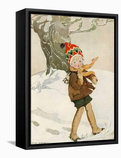 A Boy Walks Through the Snow Carrying Ice Skates-Anne Anderson-Framed Stretched Canvas