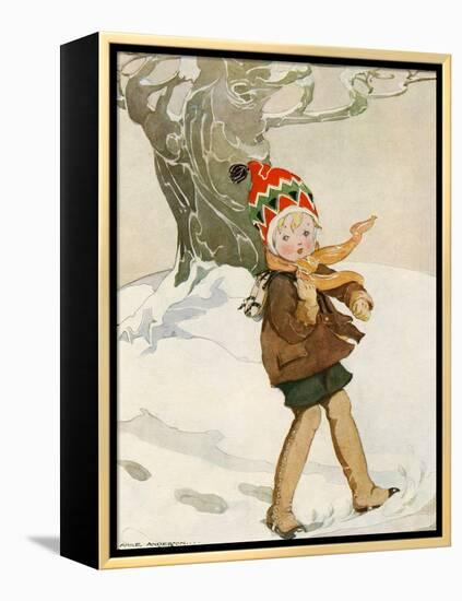 A Boy Walks Through the Snow Carrying Ice Skates-Anne Anderson-Framed Stretched Canvas