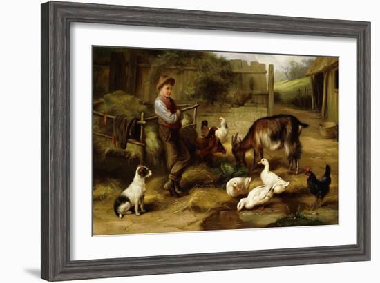 A Boy with Poultry and a Goat in a Farmyard-Charles Hunt-Framed Giclee Print