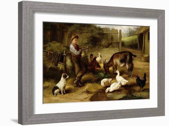 A Boy with Poultry and a Goat in a Farmyard-Charles Hunt-Framed Giclee Print