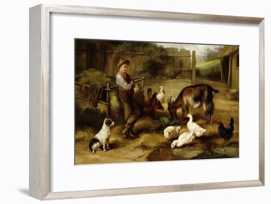 A Boy with Poultry and a Goat in a Farmyard-Charles Hunt-Framed Giclee Print