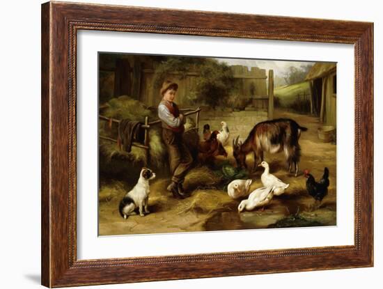 A Boy with Poultry and a Goat in a Farmyard-Charles Hunt-Framed Giclee Print