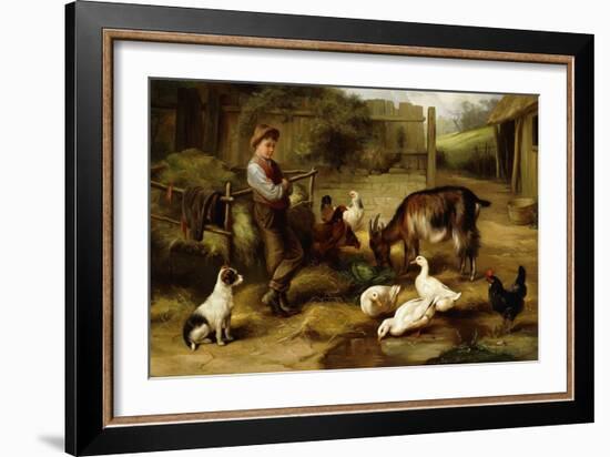 A Boy with Poultry and a Goat in a Farmyard-Charles Hunt-Framed Giclee Print