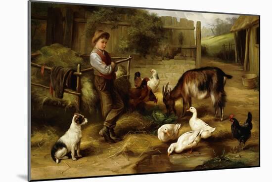 A Boy with Poultry and a Goat in a Farmyard-Charles Hunt-Mounted Giclee Print